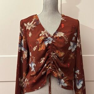 Floral Ruched V-Neck Top - Brown